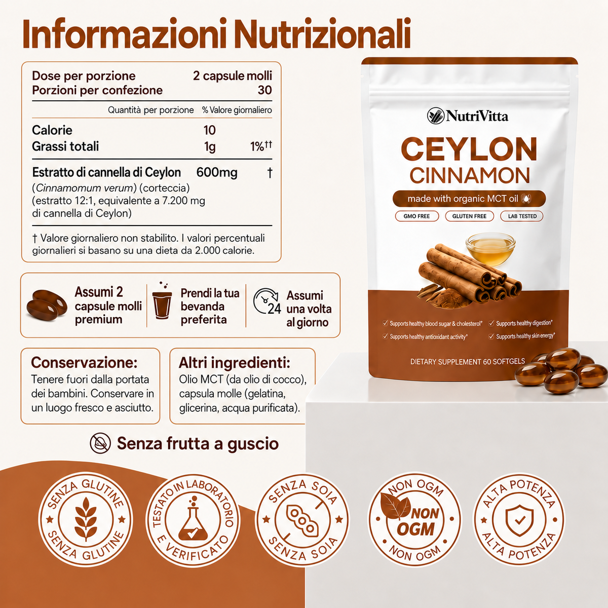 NutraVitta Canela do Ceilão equivalente a 7200 mg com óleo MCT